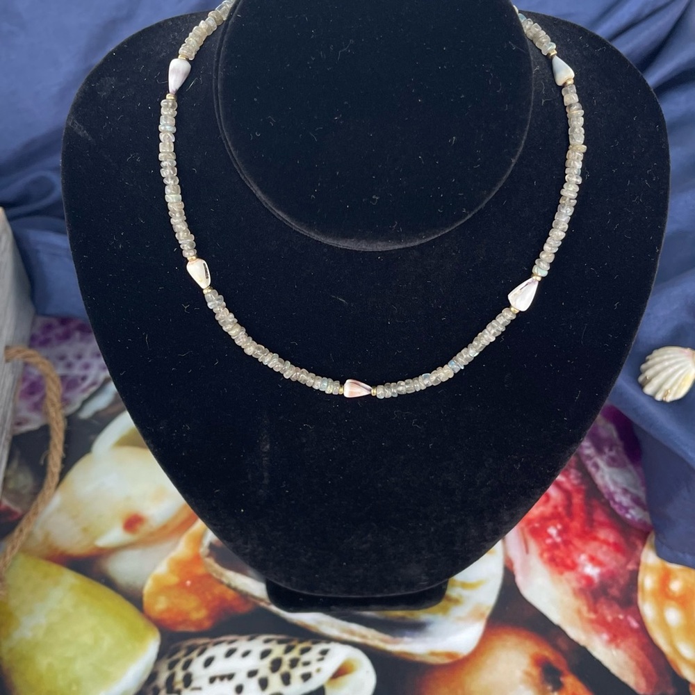 Elegant Labradorite Gem Necklace with Hawaiian Seashells 14k Gold Filled